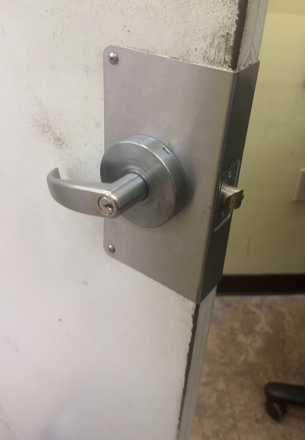 Worn lever handle before keypad upgrade, Winston-Salem NC