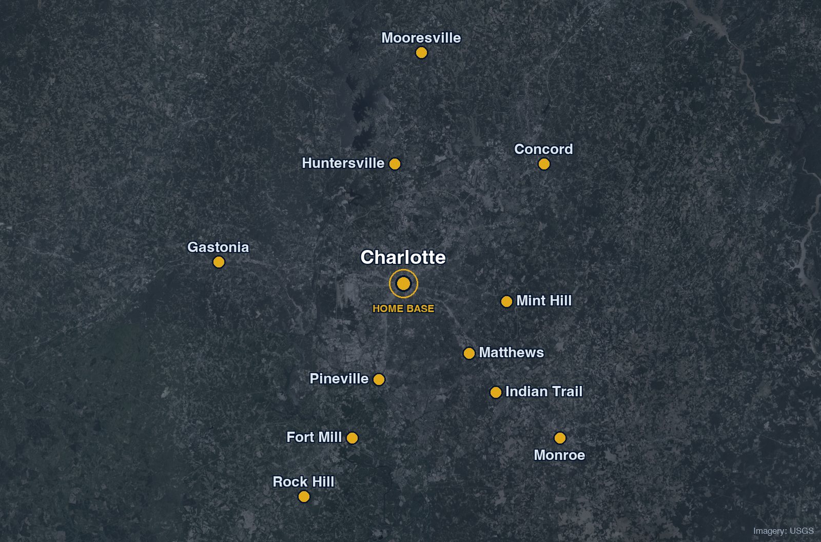 Satellite map of the SOS Locksmith service area: Charlotte home base and 11 surrounding cities across NC and SC